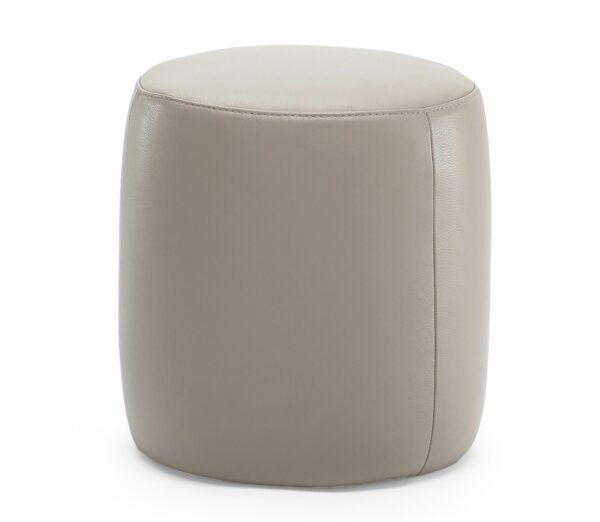 A cylindrical beige ottoman crafted from smooth leather, featuring a seamless design and no visible legs, referred to as the A921 OTTOMANS.